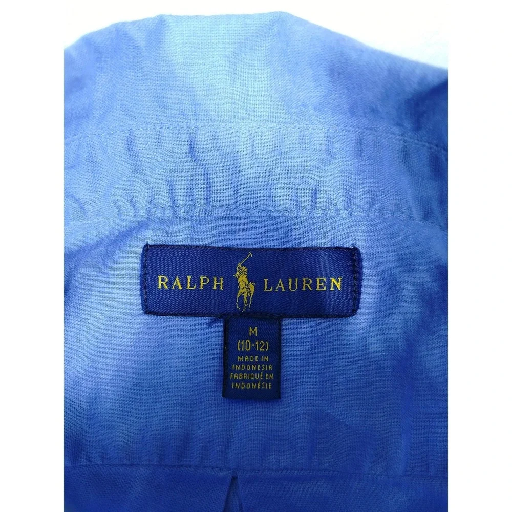 Ralph Lauren Shirt Youth Medium 10-12 Blue‎ Linen Cotton Button Down Pony Logo